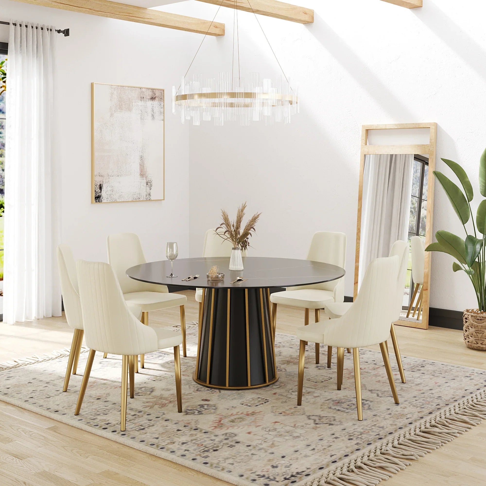 Table de salle à manger Marbella en pierre frittée | Ronde, 59 cm, noir mat, avec piètement en métal