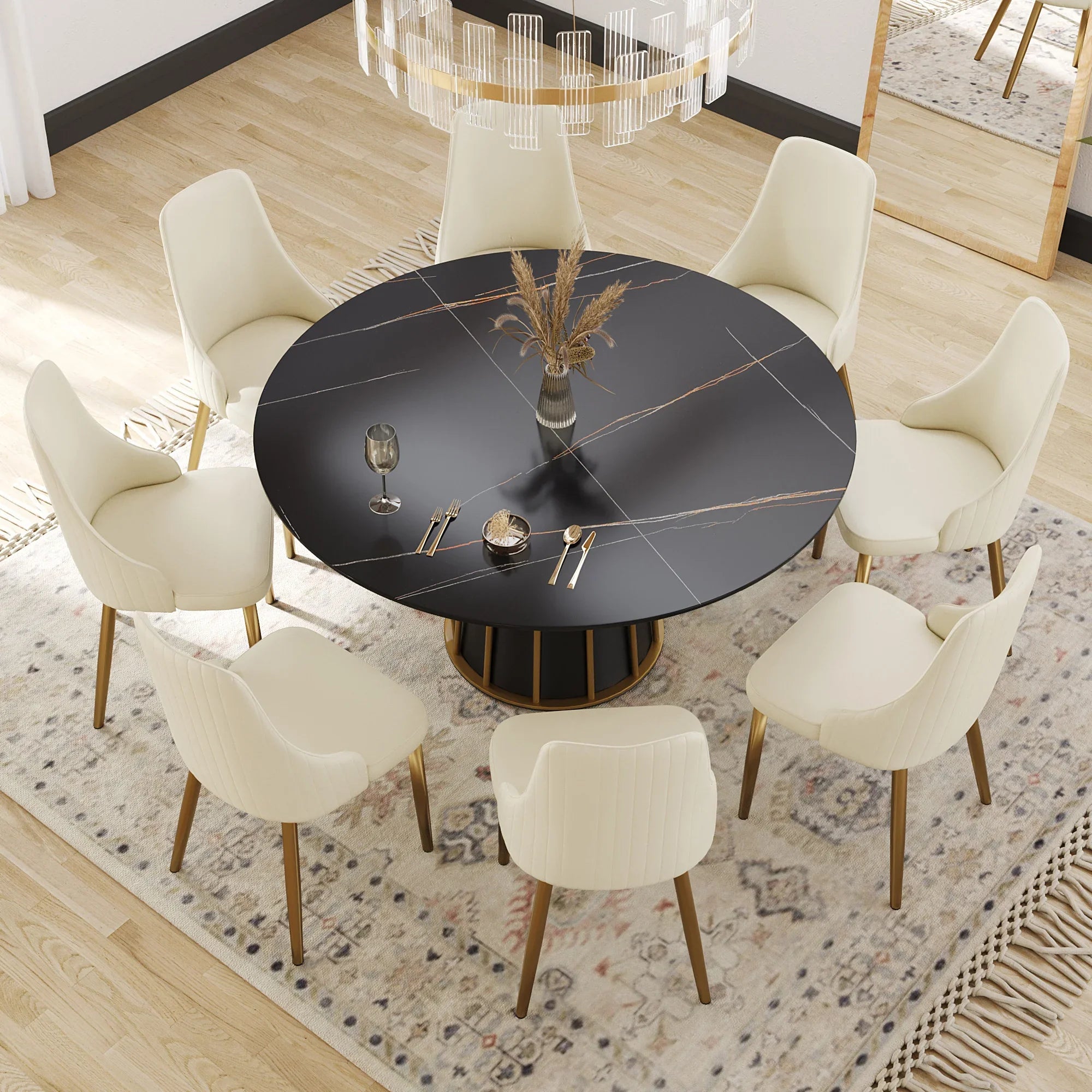 Table de salle à manger Marbella en pierre frittée | Ronde, 59 cm, noir mat, avec piètement en métal