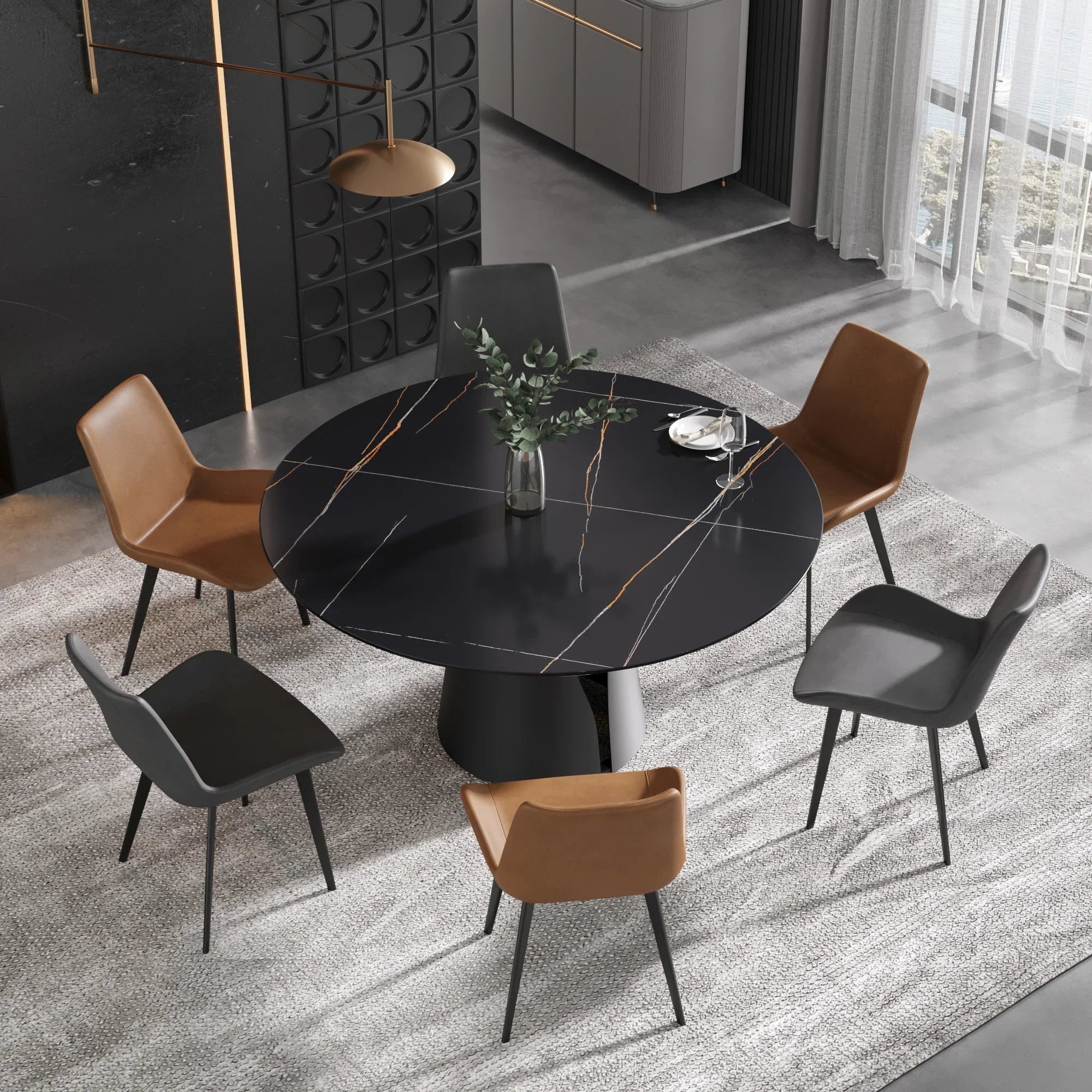 Table de salle à manger Marbella en pierre frittée | Ronde, 59 cm, noir mat, avec piètement en métal