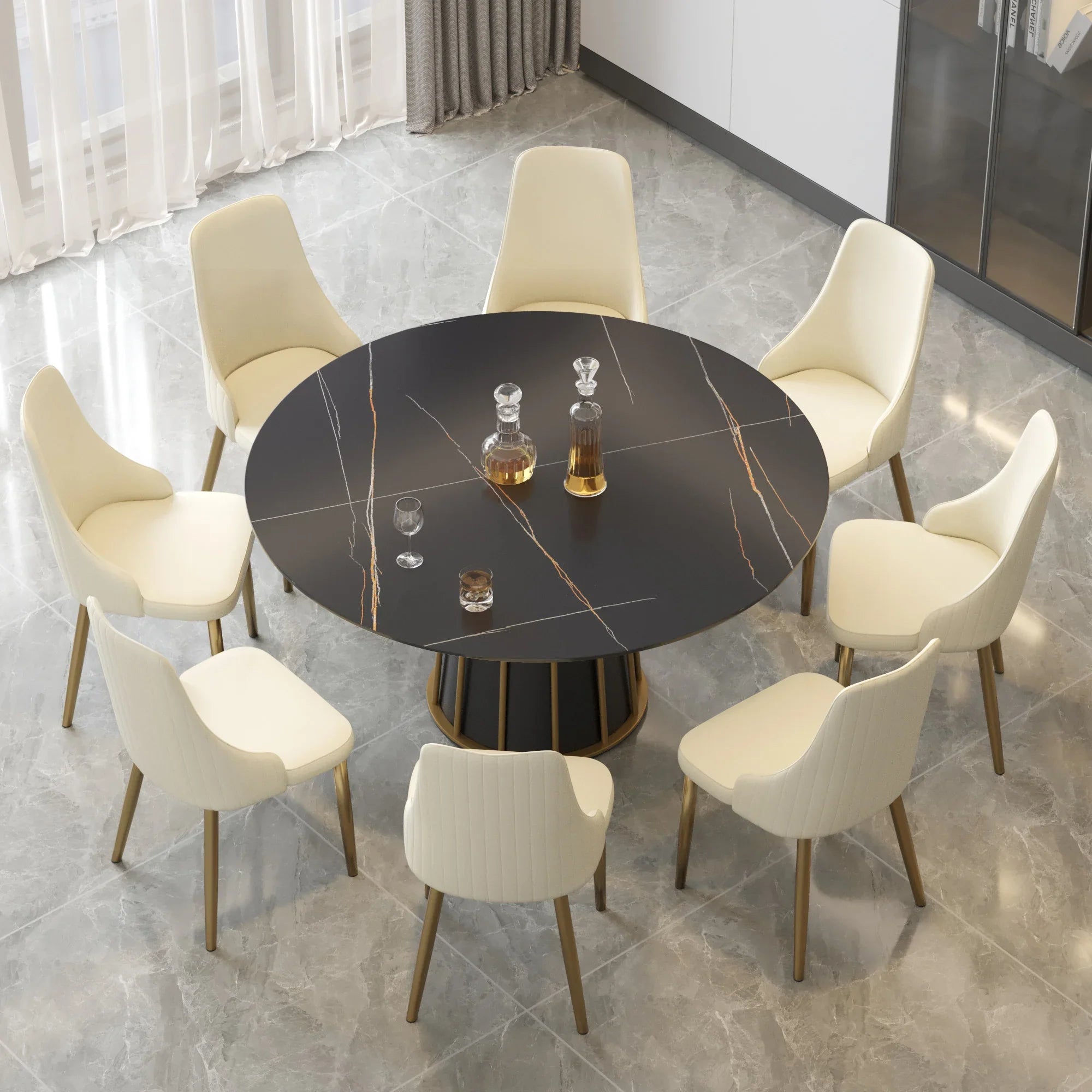 Table de salle à manger Marbella en pierre frittée | Ronde, 59 cm, noir mat, avec piètement en métal