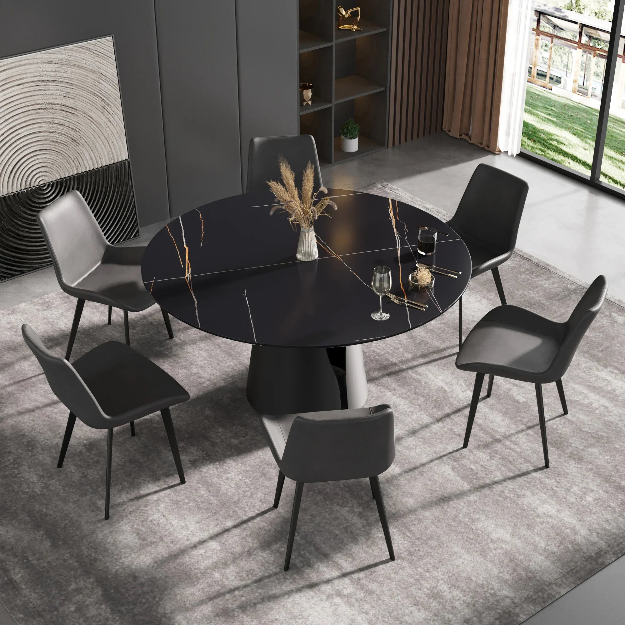 Table de salle à manger Marbella en pierre frittée | Ronde, 59 cm, noir mat, avec piètement en métal