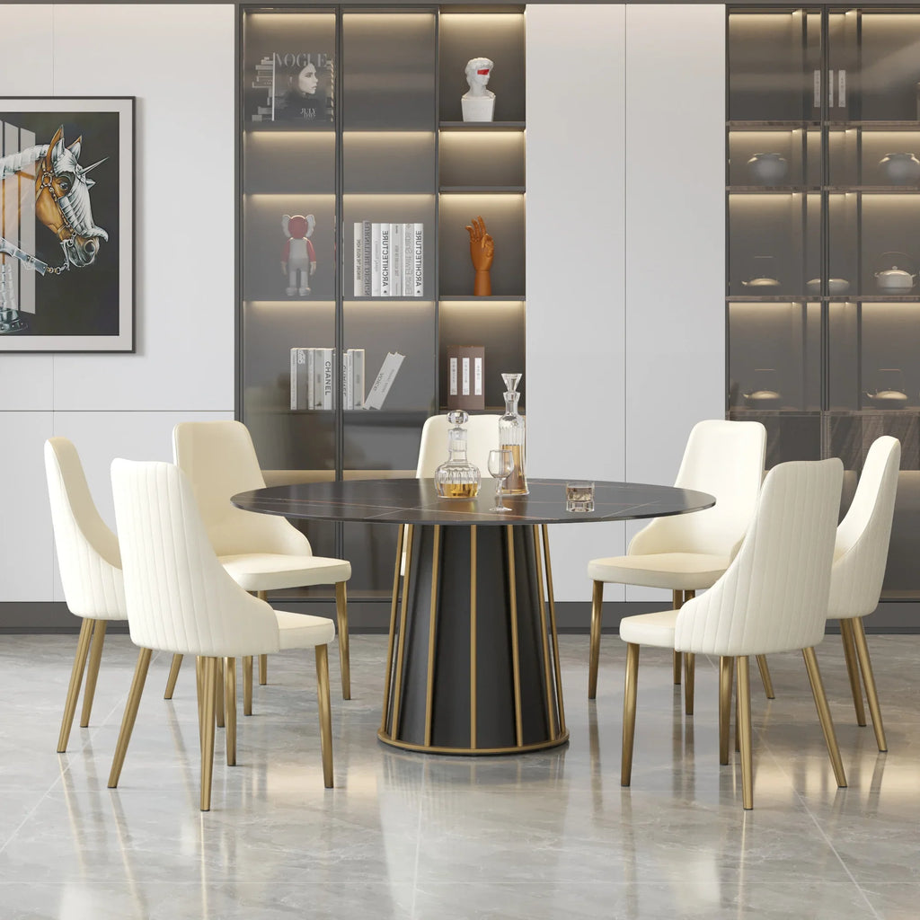 Table de salle à manger Marbella en pierre frittée | Ronde, 59 cm, noir mat, avec piètement en métal