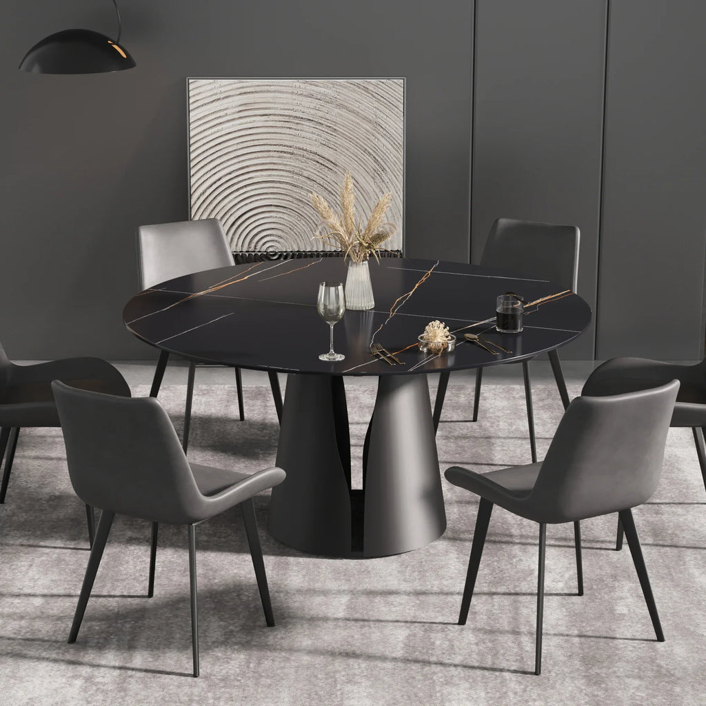 Table de salle à manger Marbella en pierre frittée | Ronde, 59 cm, noir mat, avec piètement en métal