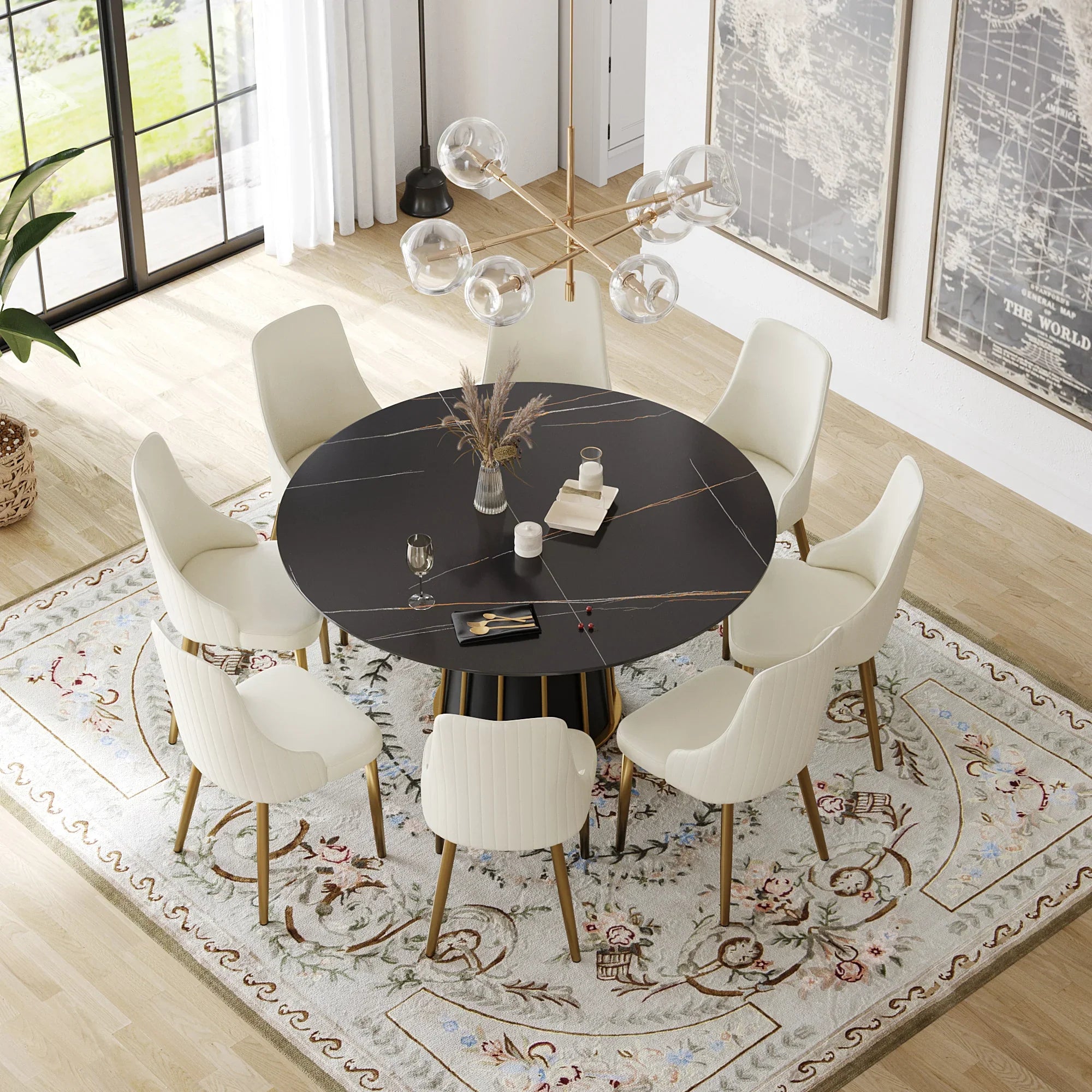 Table de salle à manger Marbella en pierre frittée | Ronde, 59 cm, noir mat, avec piètement en métal