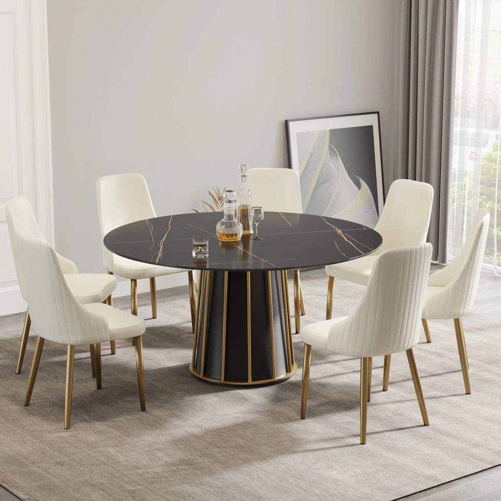 Table de salle à manger Marbella en pierre frittée | Ronde, 59 cm, noir mat, avec piètement en métal