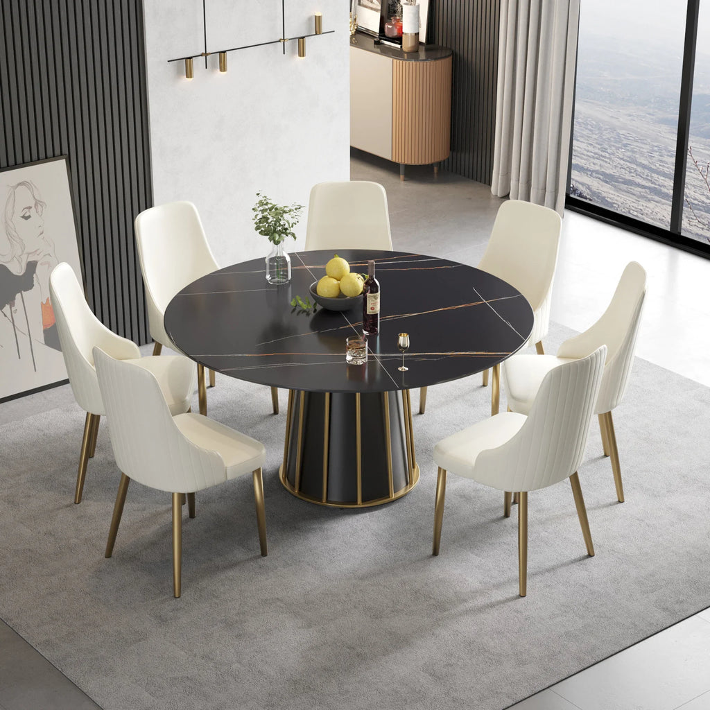 Table de salle à manger Marbella en pierre frittée | Ronde, 59 cm, noir mat, avec piètement en métal