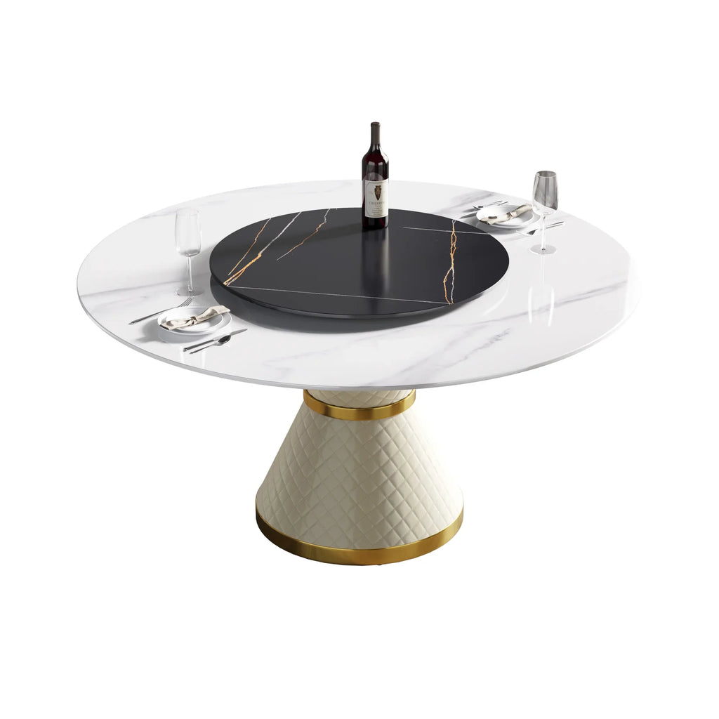 Table de salle à manger Marbella en pierre frittée | Ronde 59" blanche brillante avec plateau tournant Lazy Susan