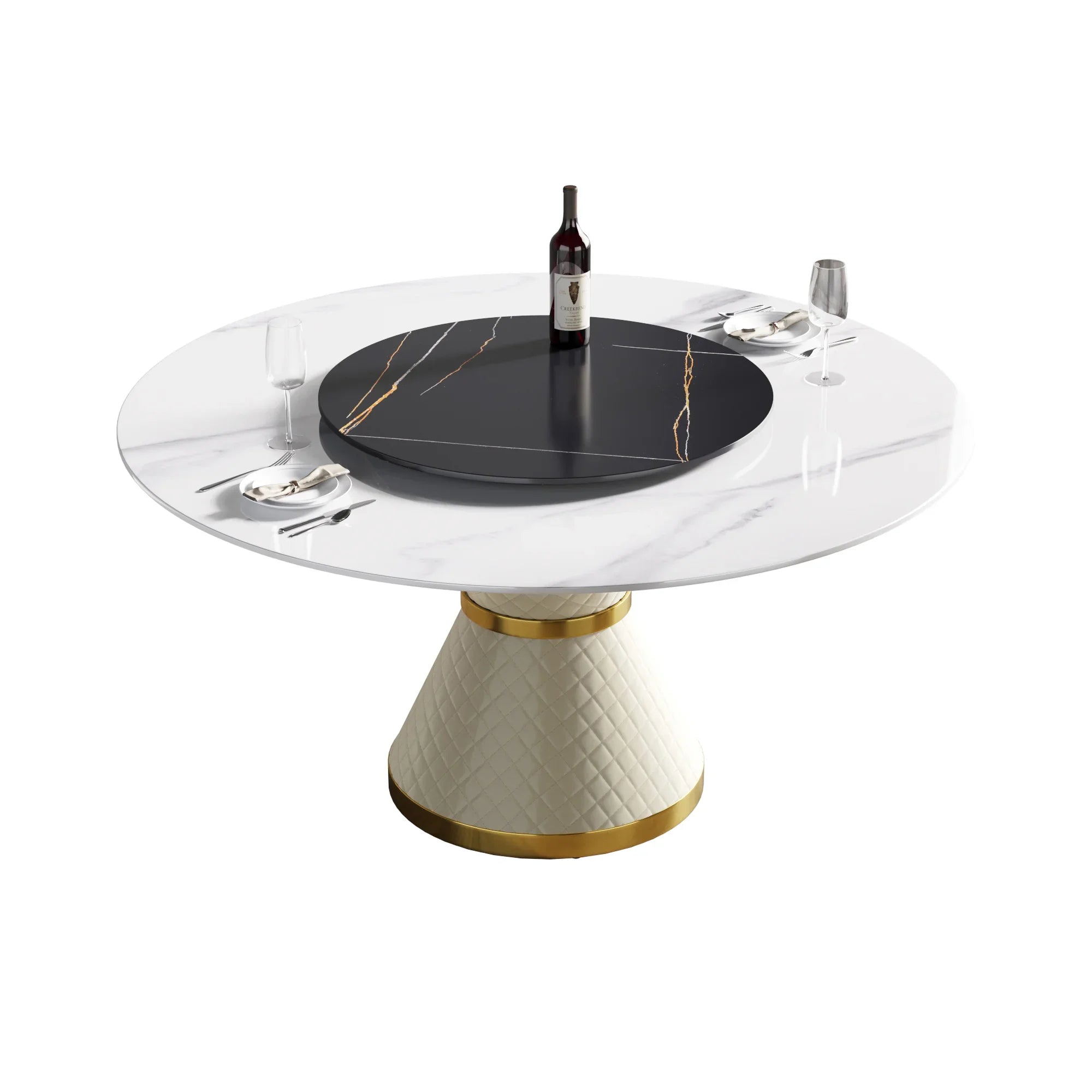 Table de salle à manger Marbella en pierre frittée | Ronde 59" blanche brillante avec plateau tournant Lazy Susan