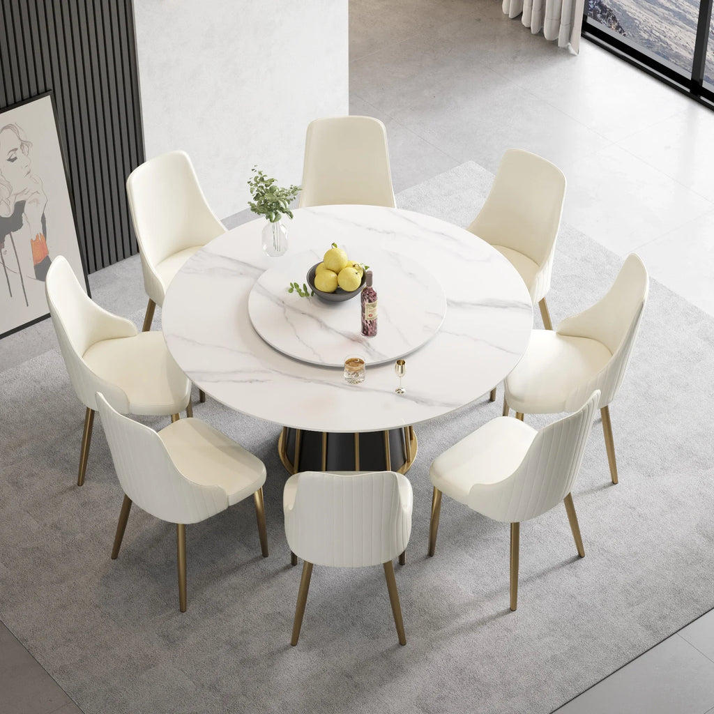 Table de salle à manger Marbella en pierre frittée | Ronde 59" blanche brillante avec plateau tournant Lazy Susan