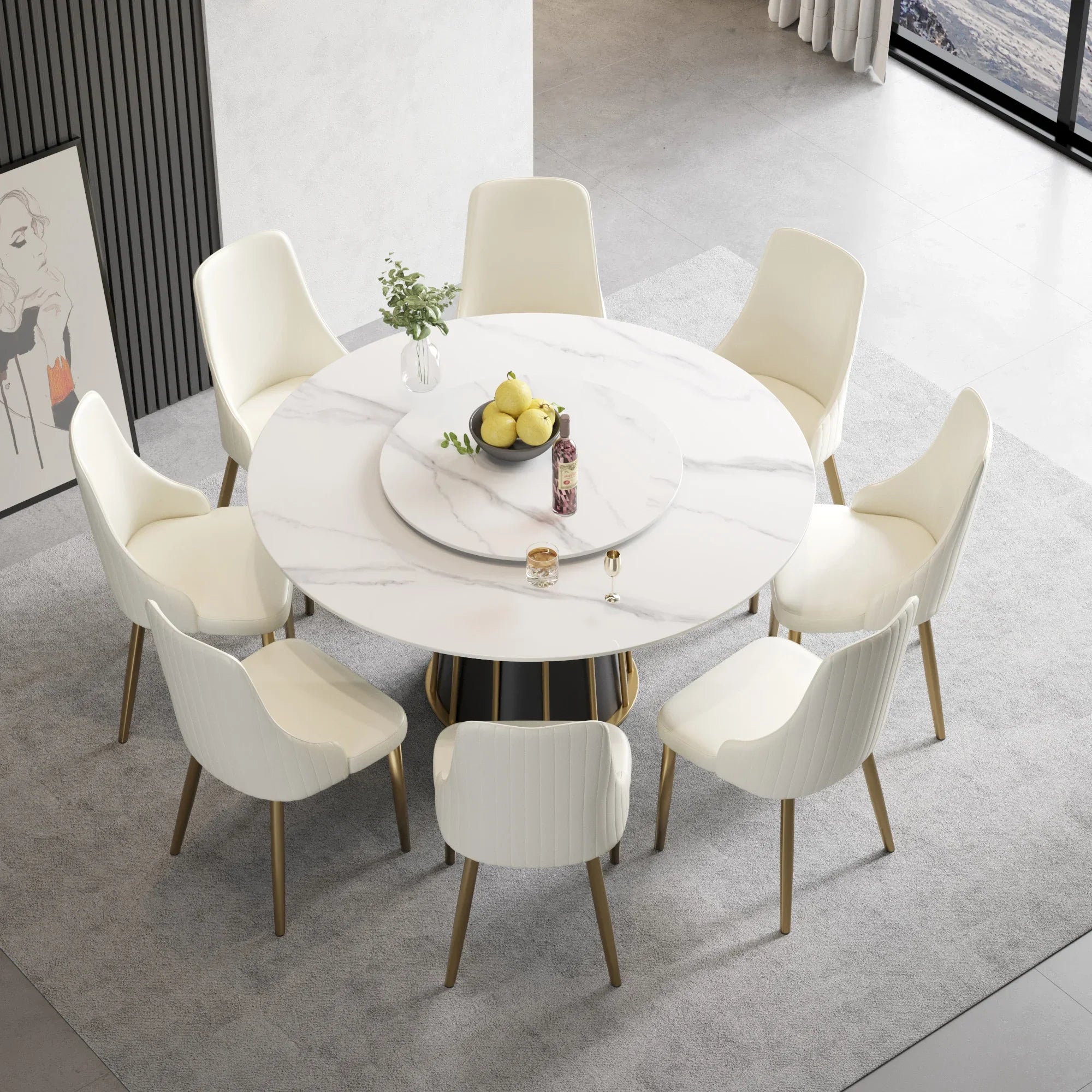 Table de salle à manger Marbella en pierre frittée | Ronde 59" blanche brillante avec plateau tournant Lazy Susan