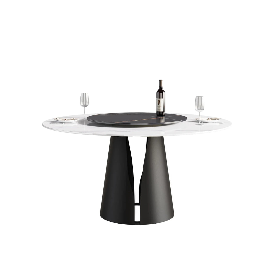 Table de salle à manger Marbella en pierre frittée | Ronde 59" blanche brillante avec plateau tournant Lazy Susan