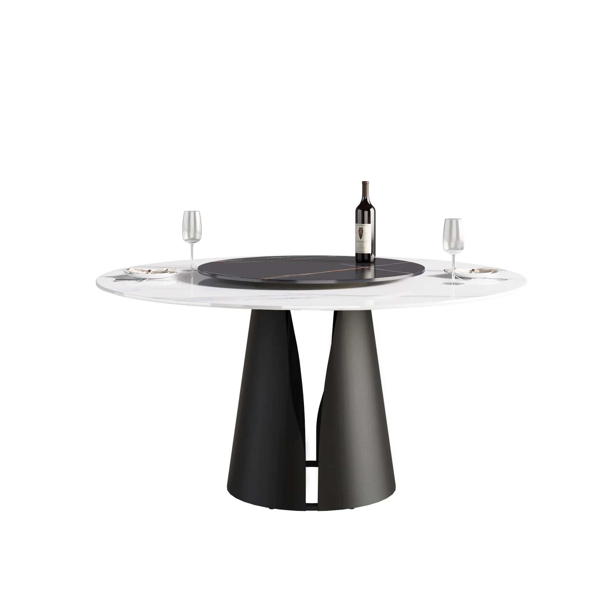 Table de salle à manger Marbella en pierre frittée | Ronde 59" blanche brillante avec plateau tournant Lazy Susan