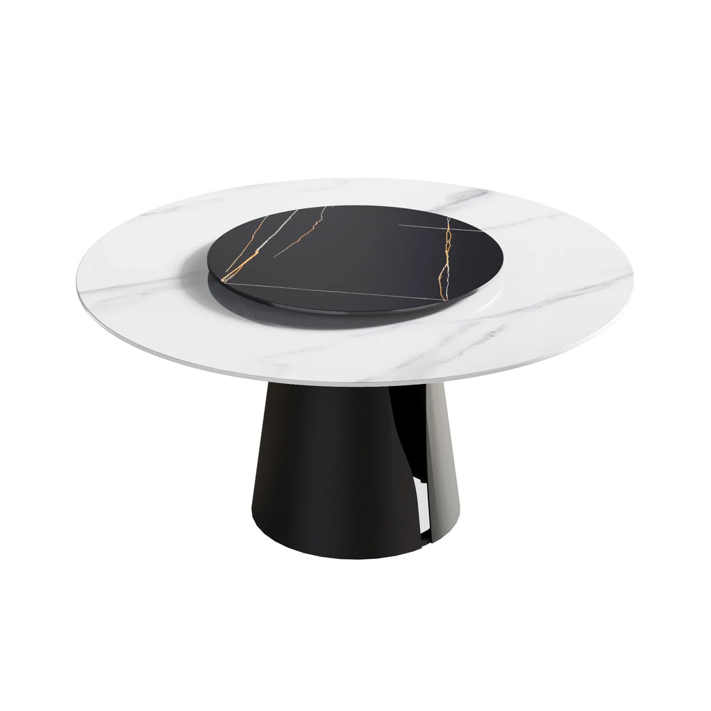Table de salle à manger Marbella en pierre frittée | Ronde 59" blanche brillante avec plateau tournant Lazy Susan