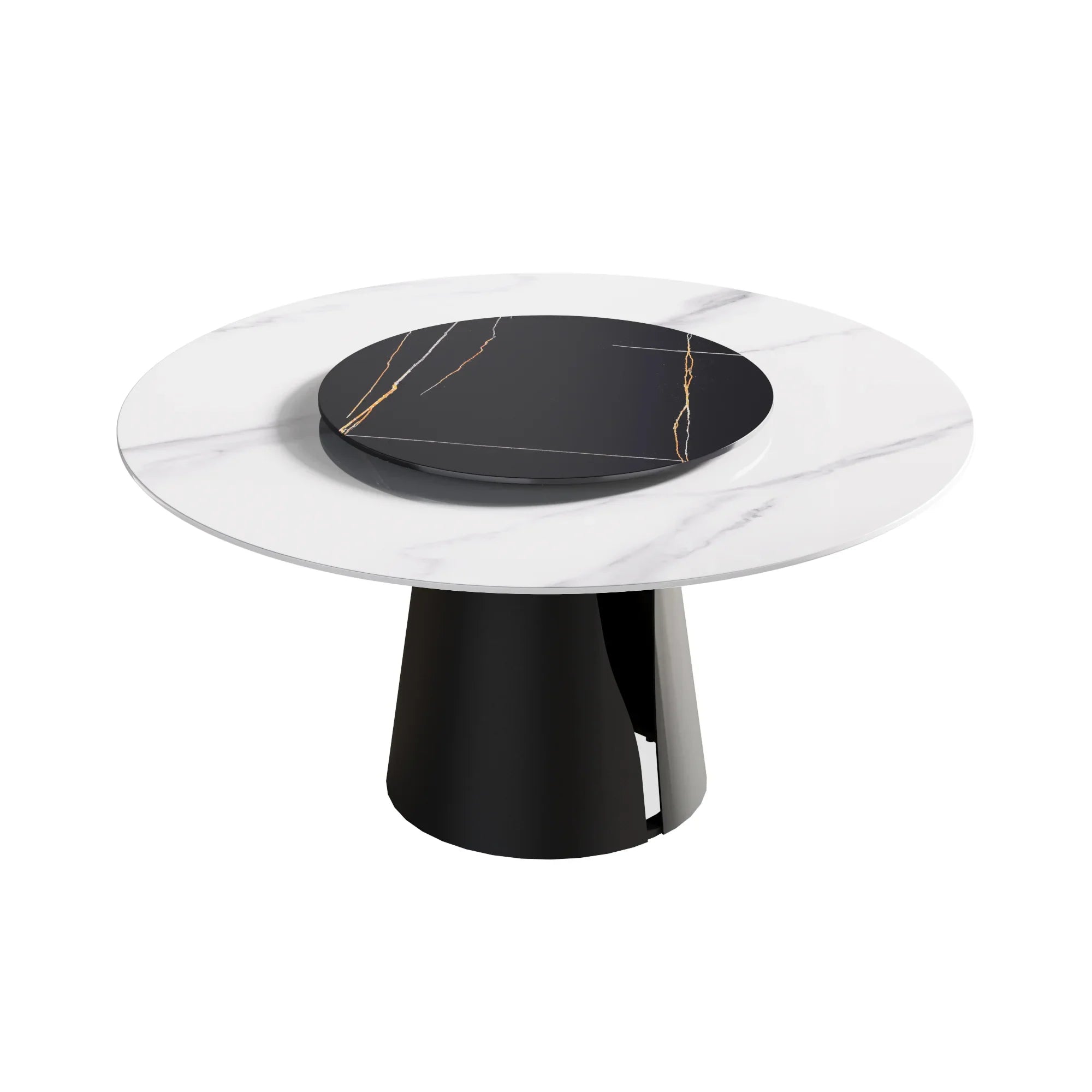 Table de salle à manger Marbella en pierre frittée | Ronde 59" blanche brillante avec plateau tournant Lazy Susan