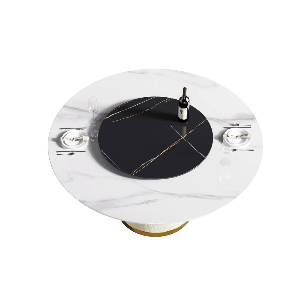 Table de salle à manger Marbella en pierre frittée | Ronde 59" blanche brillante avec plateau tournant Lazy Susan