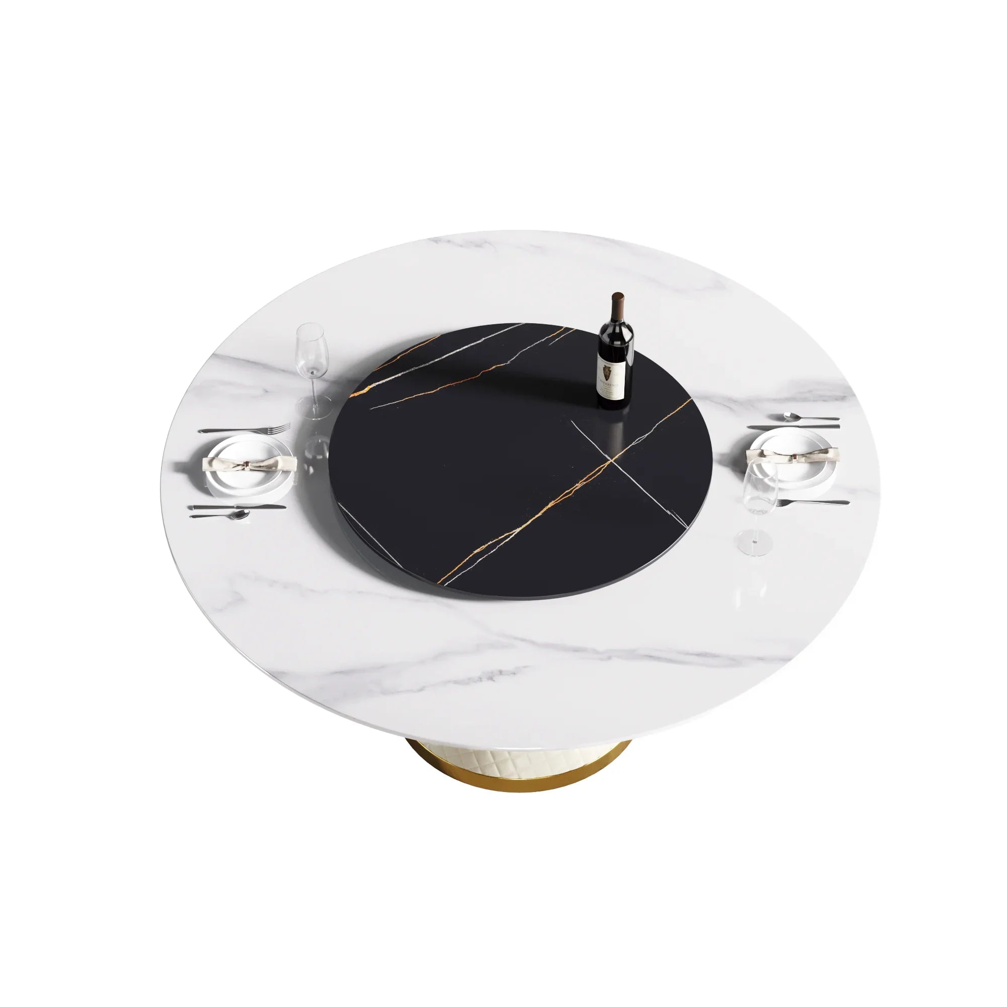 Table de salle à manger Marbella en pierre frittée | Ronde 59" blanche brillante avec plateau tournant Lazy Susan
