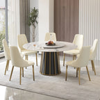 Table de salle à manger Marbella en pierre frittée | Ronde 59" blanche brillante avec plateau tournant Lazy Susan