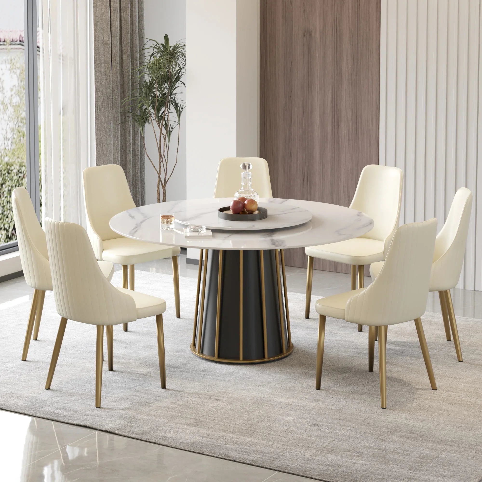 Table de salle à manger Marbella en pierre frittée | Ronde 59" blanche brillante avec plateau tournant Lazy Susan