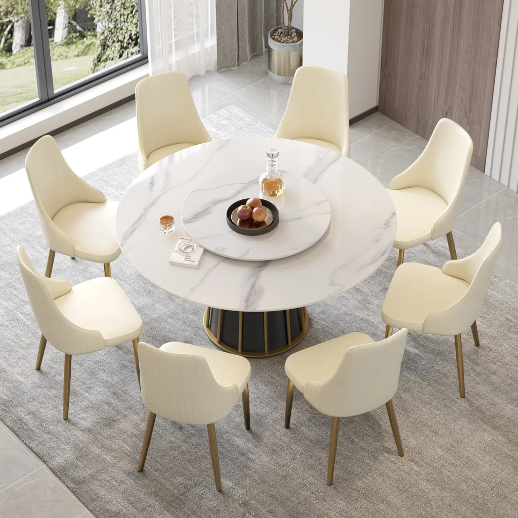 Table de salle à manger Marbella en pierre frittée | Ronde 59" blanche brillante avec plateau tournant Lazy Susan