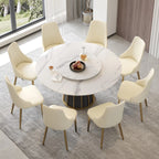Table de salle à manger Marbella en pierre frittée | Ronde 59" blanche brillante avec plateau tournant Lazy Susan