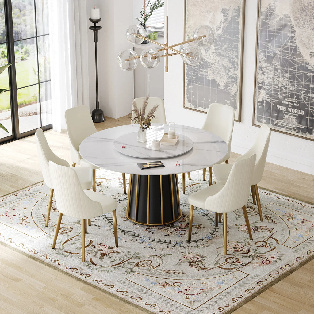 Table de salle à manger Marbella en pierre frittée | Ronde 59" blanche brillante avec plateau tournant Lazy Susan