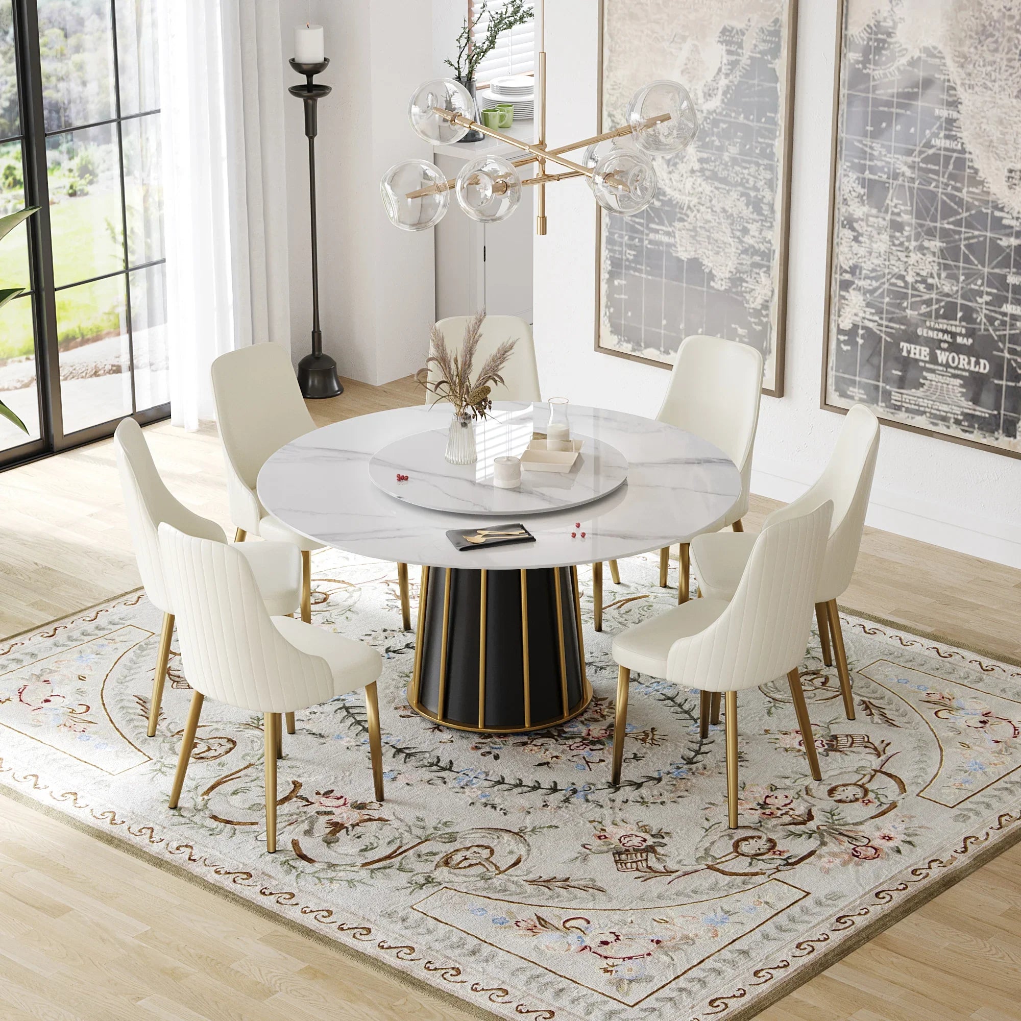 Table de salle à manger Marbella en pierre frittée | Ronde 59" blanche brillante avec plateau tournant Lazy Susan