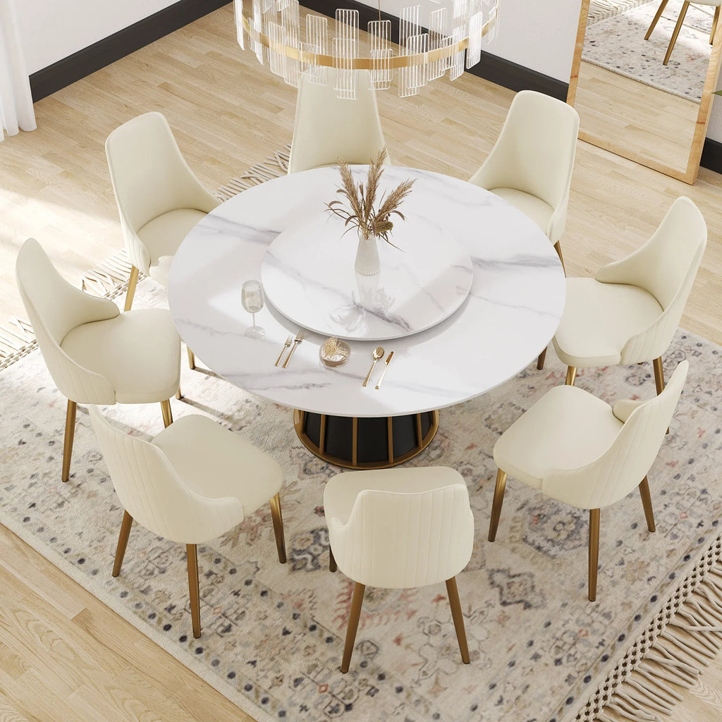 Table de salle à manger Marbella en pierre frittée | Ronde 59" blanche brillante avec plateau tournant Lazy Susan
