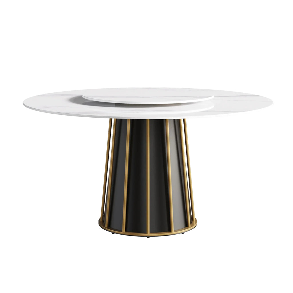 Table de salle à manger Marbella en pierre frittée | Ronde 59" blanche brillante avec plateau tournant Lazy Susan