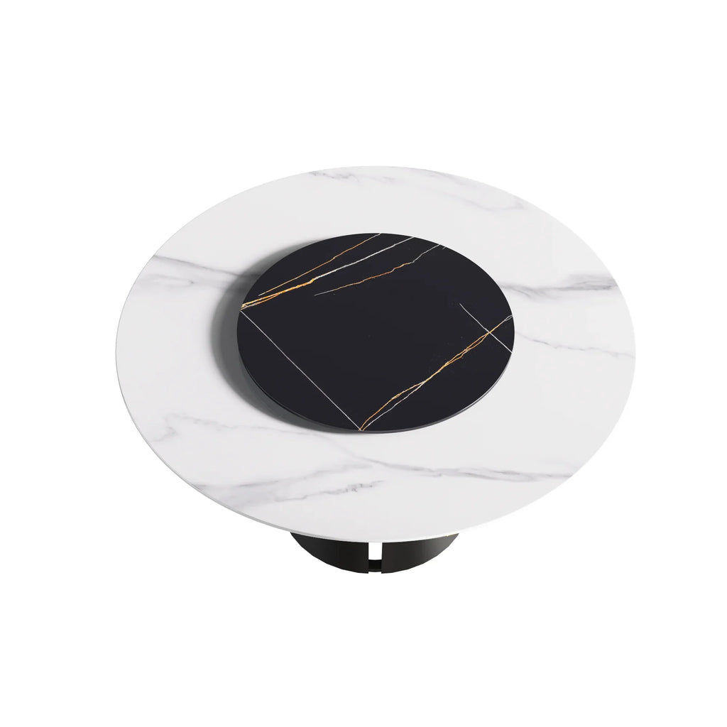Table de salle à manger Marbella en pierre frittée | Ronde 59" blanche brillante avec plateau tournant Lazy Susan