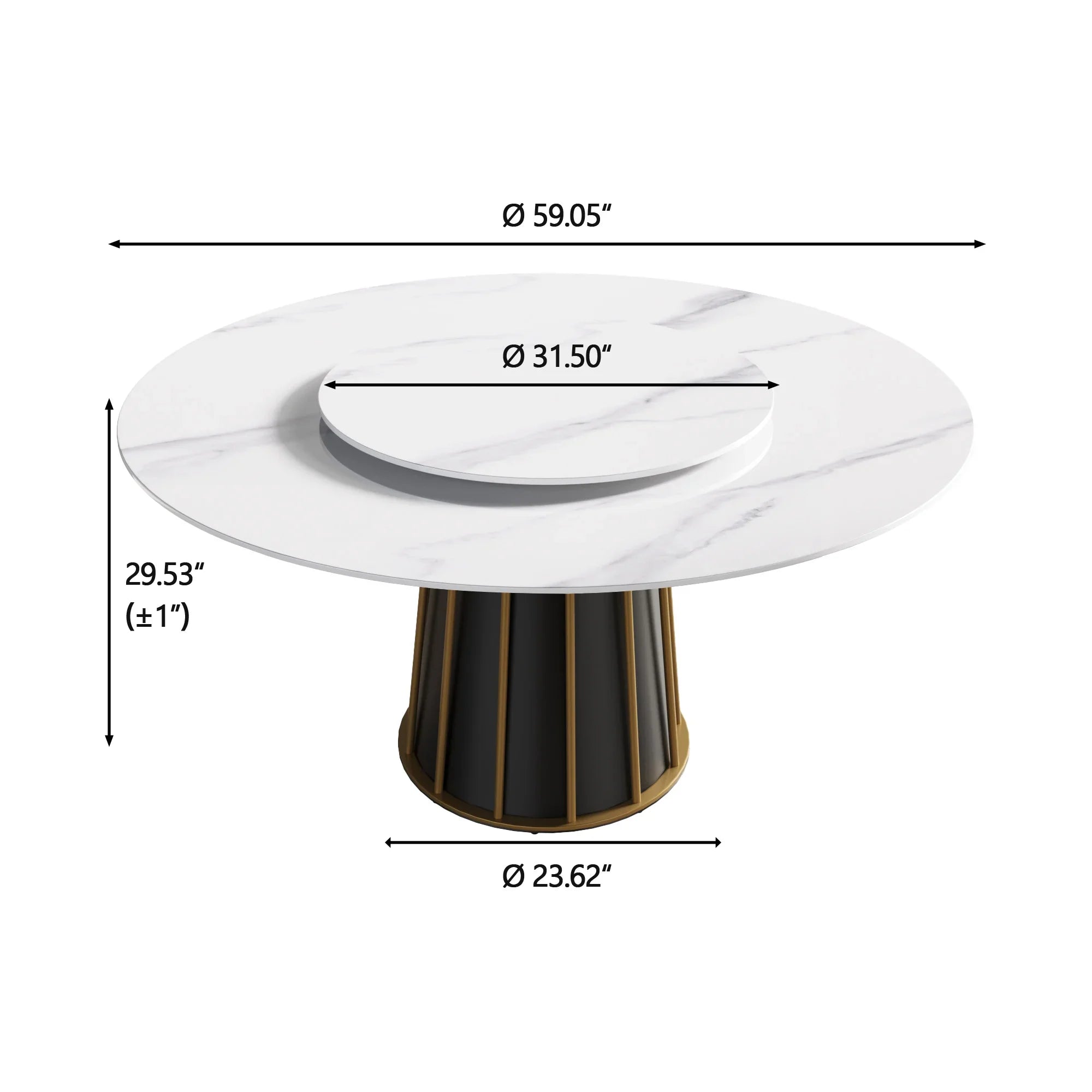 Table de salle à manger Marbella en pierre frittée | Ronde 59" blanche brillante avec plateau tournant Lazy Susan