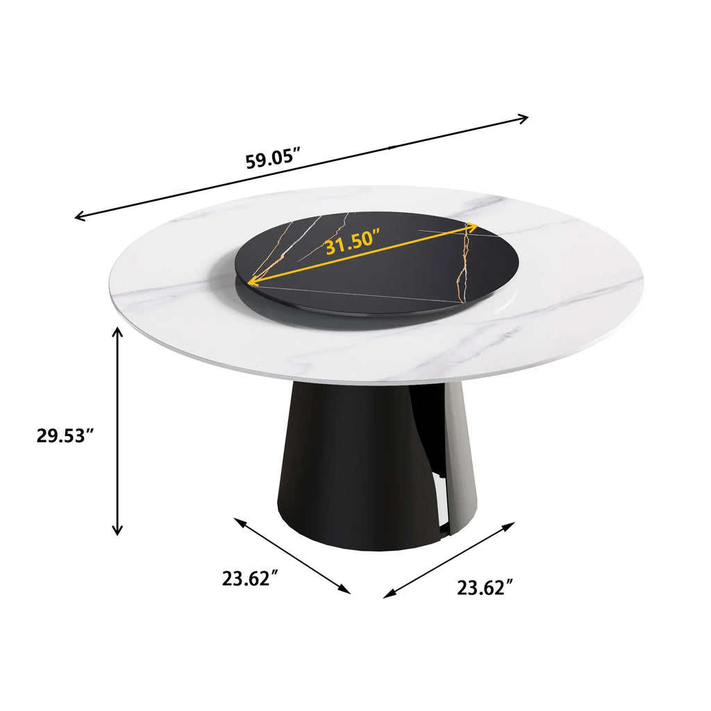 Table de salle à manger Marbella en pierre frittée | Ronde 59" blanche brillante avec plateau tournant Lazy Susan