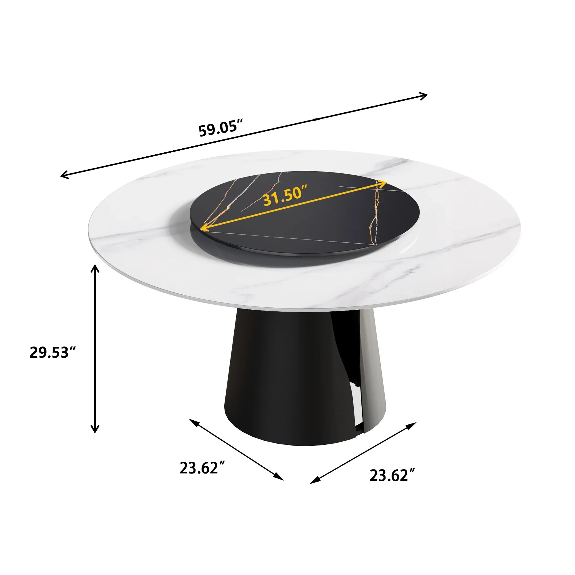 Table de salle à manger Marbella en pierre frittée | Ronde 59" blanche brillante avec plateau tournant Lazy Susan