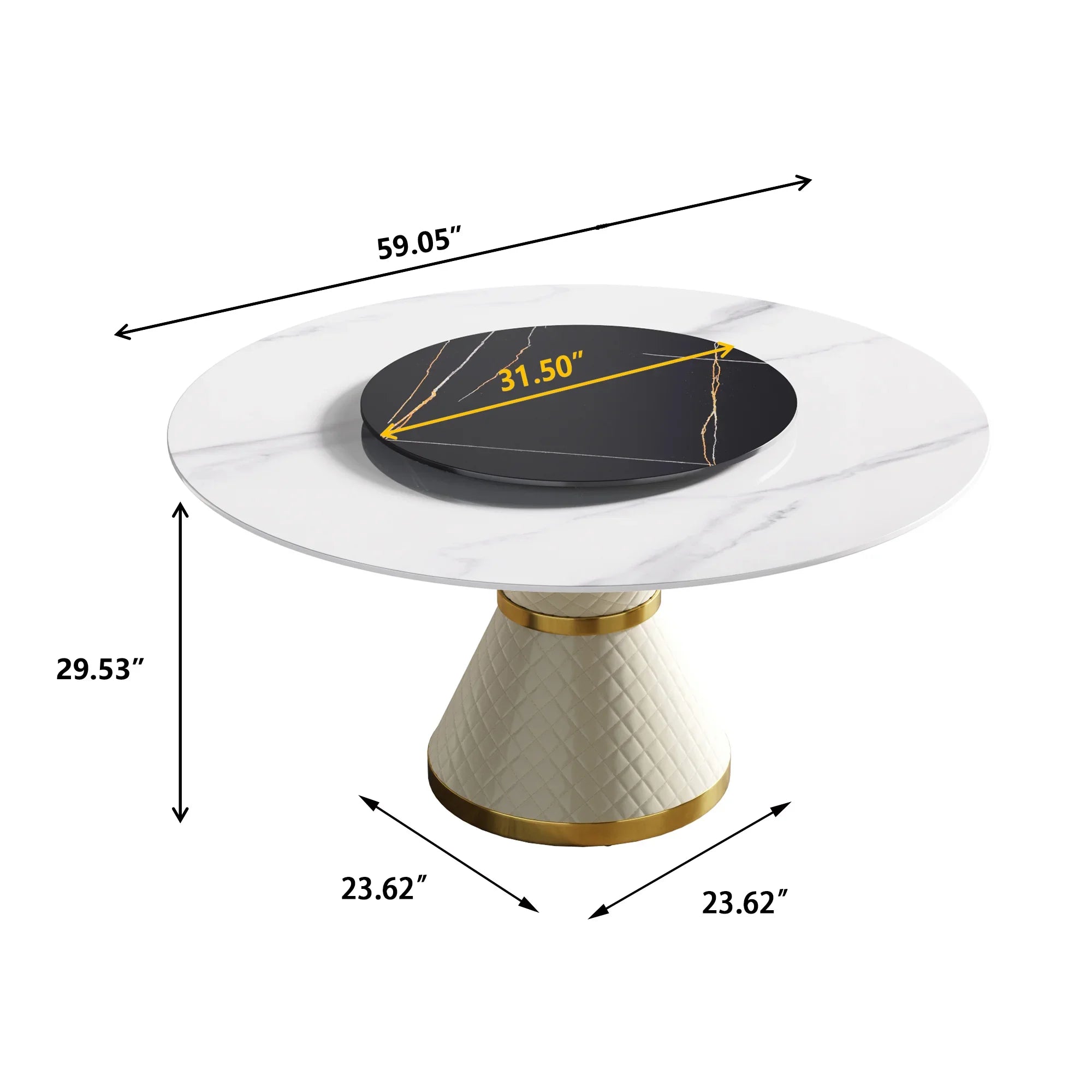 Table de salle à manger Marbella en pierre frittée | Ronde 59" blanche brillante avec plateau tournant Lazy Susan