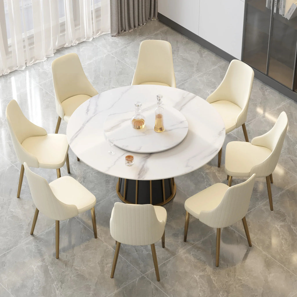 Table de salle à manger Marbella en pierre frittée | Ronde 59" blanche brillante avec plateau tournant Lazy Susan