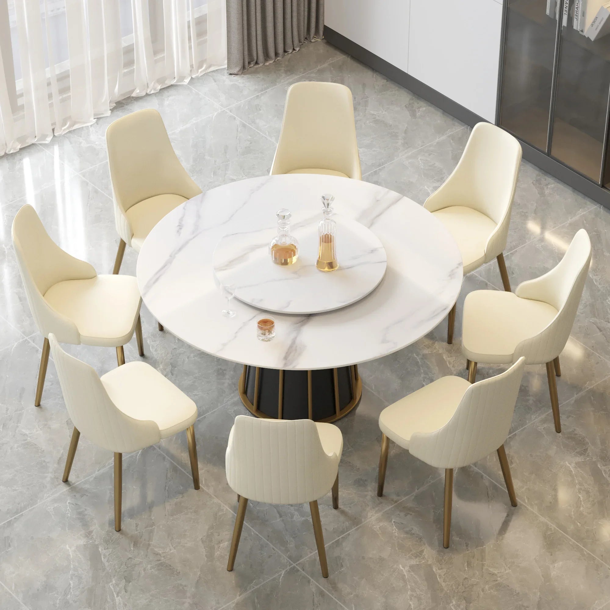 Table de salle à manger Marbella en pierre frittée | Ronde 59" blanche brillante avec plateau tournant Lazy Susan
