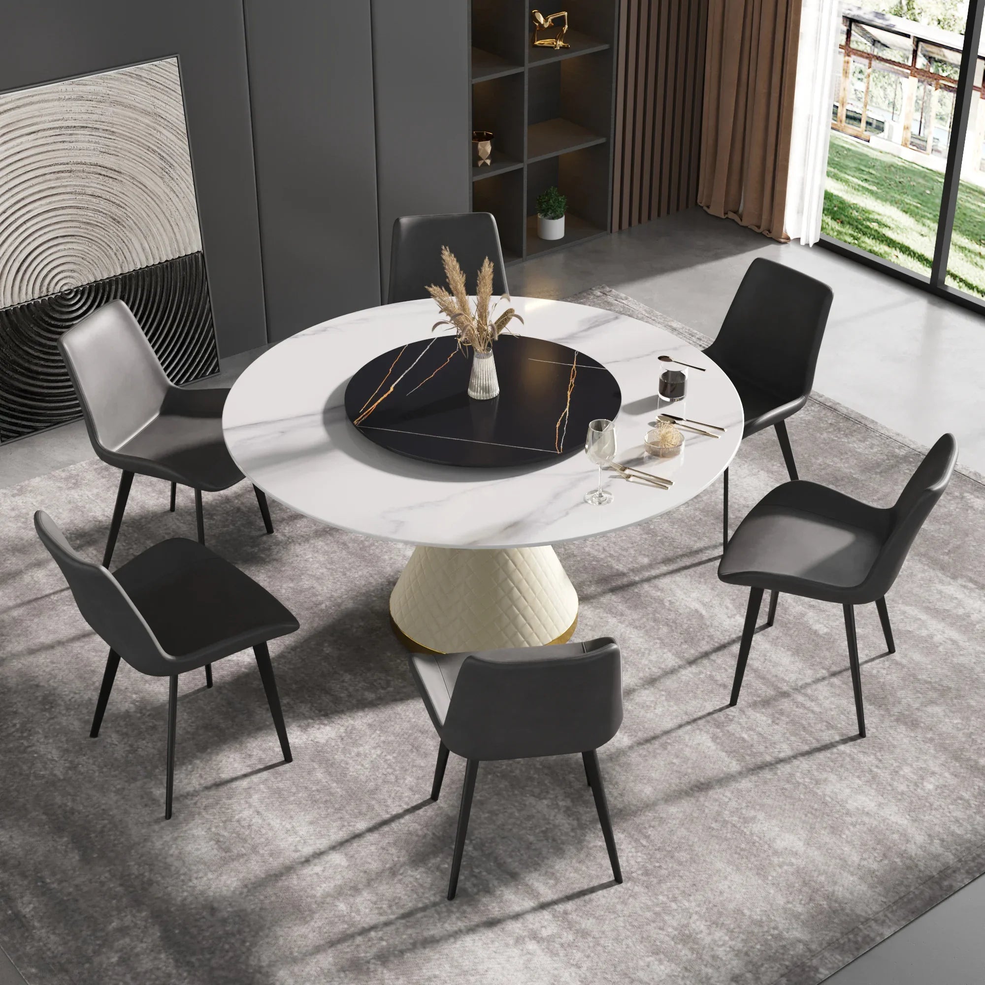 Table de salle à manger Marbella en pierre frittée | Ronde 59" blanche brillante avec plateau tournant Lazy Susan