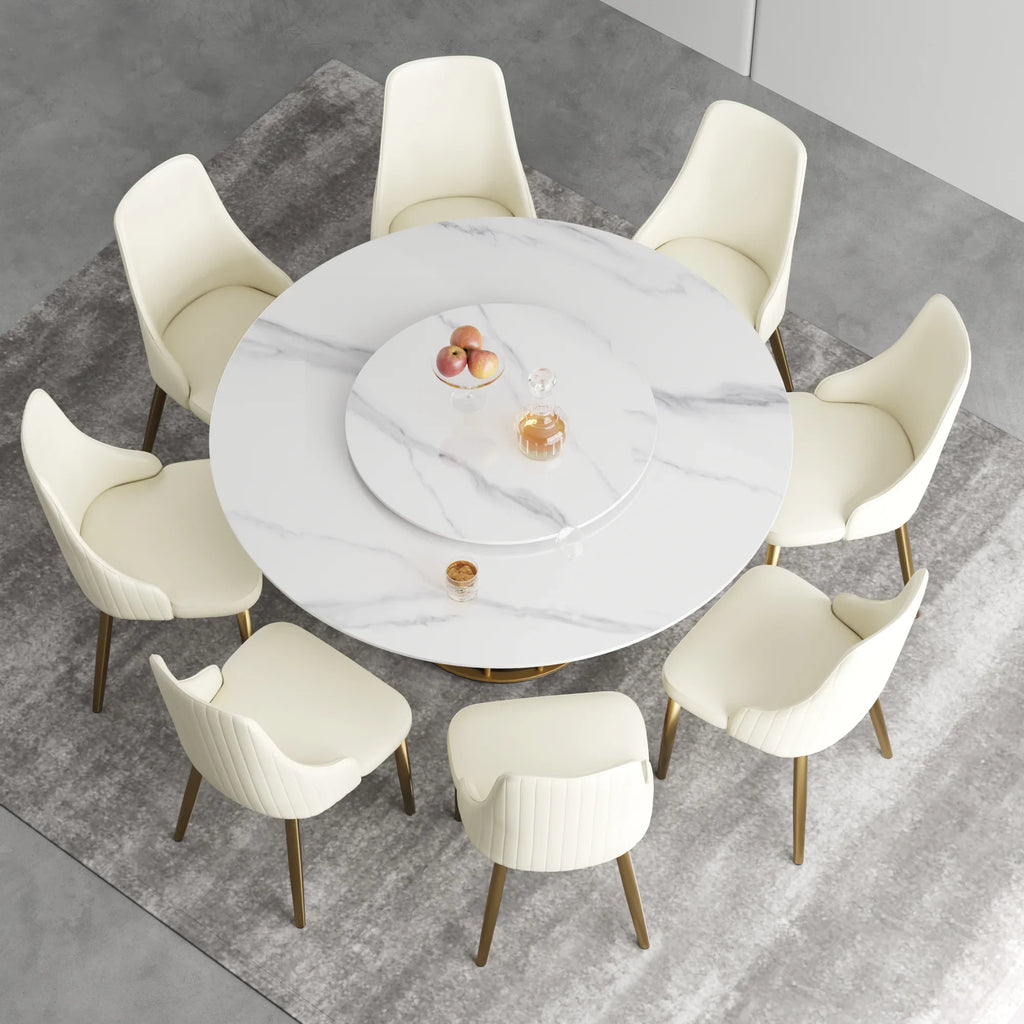 Table de salle à manger Marbella en pierre frittée | Ronde 59" blanche brillante avec plateau tournant Lazy Susan