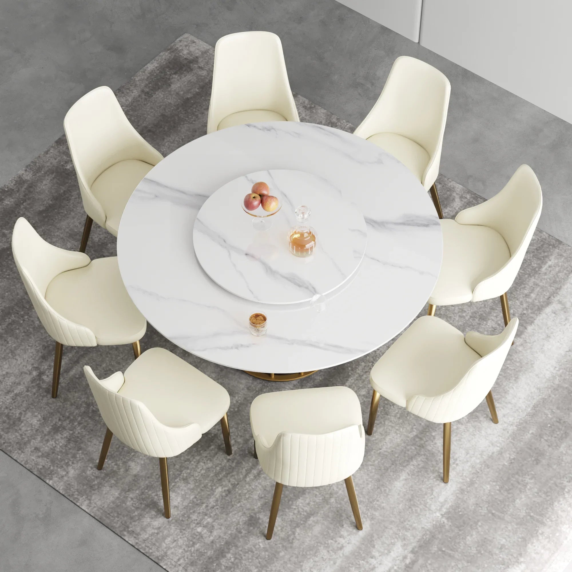 Table de salle à manger Marbella en pierre frittée | Ronde 59" blanche brillante avec plateau tournant Lazy Susan