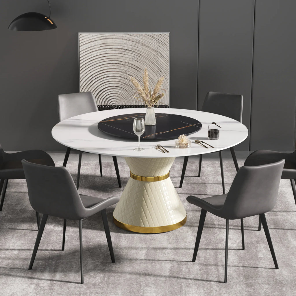 Table de salle à manger Marbella en pierre frittée | Ronde 59" blanche brillante avec plateau tournant Lazy Susan