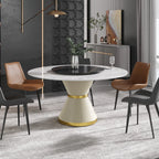 Table de salle à manger Marbella en pierre frittée | Ronde 59" blanche brillante avec plateau tournant Lazy Susan