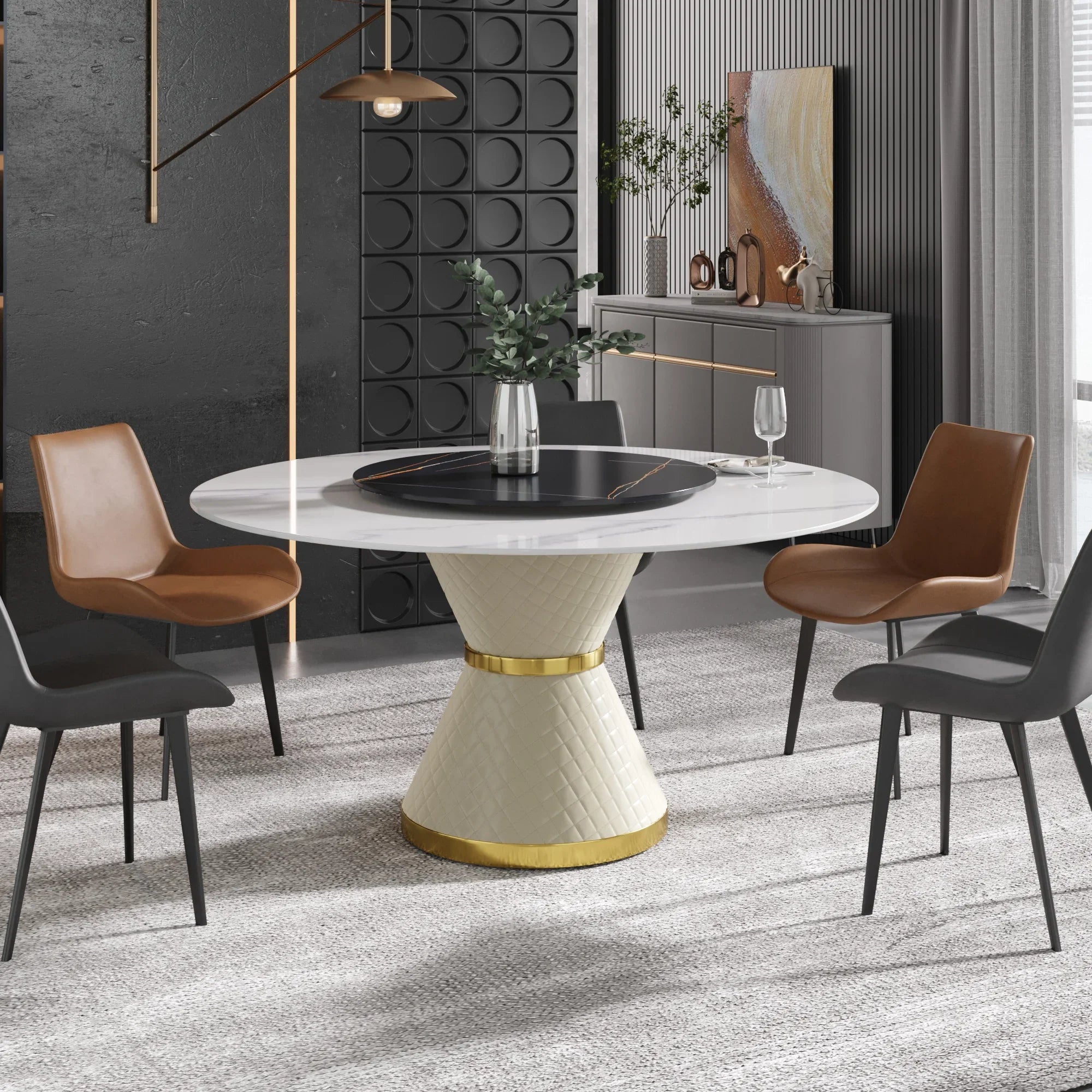 Table de salle à manger Marbella en pierre frittée | Ronde 59" blanche brillante avec plateau tournant Lazy Susan