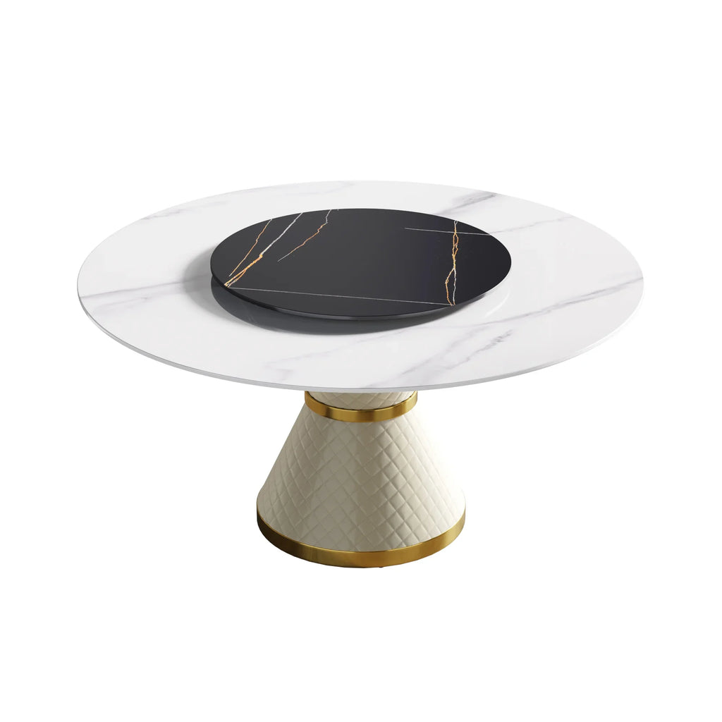 Table de salle à manger Marbella en pierre frittée | Ronde 59" blanche brillante avec plateau tournant Lazy Susan