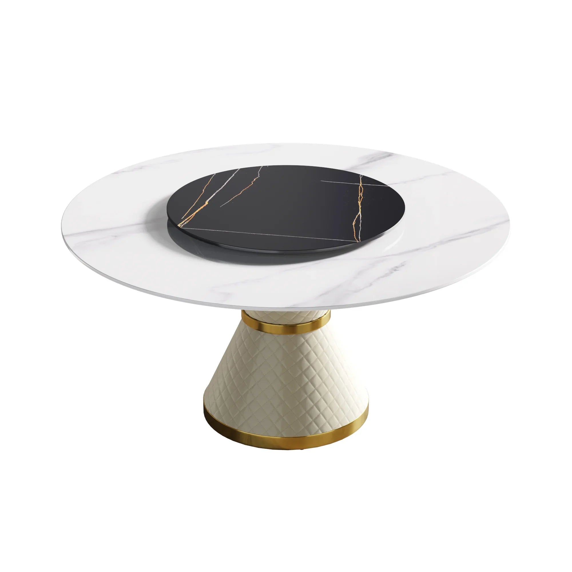 Table de salle à manger Marbella en pierre frittée | Ronde 59" blanche brillante avec plateau tournant Lazy Susan