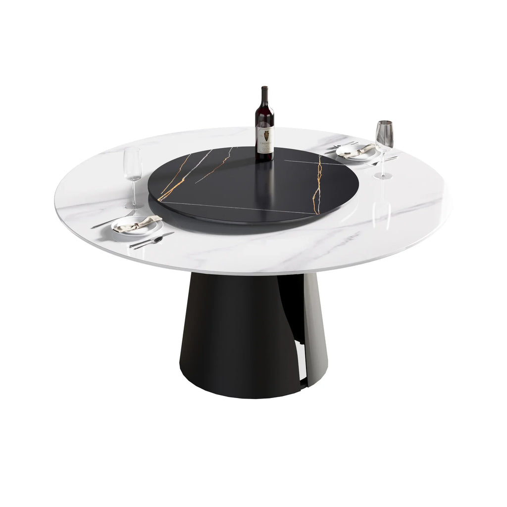 Table de salle à manger Marbella en pierre frittée | Ronde 59" blanche brillante avec plateau tournant Lazy Susan