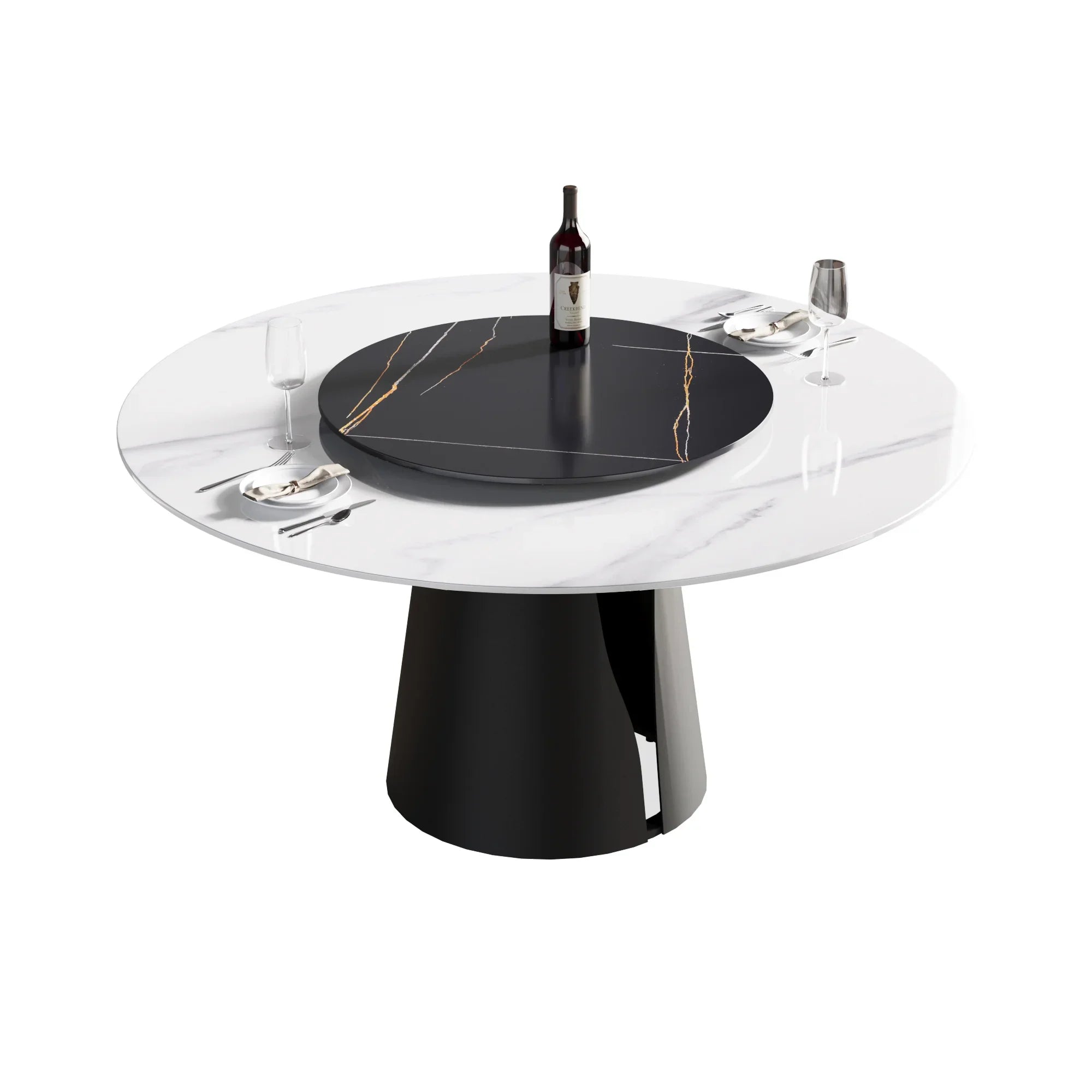 Table de salle à manger Marbella en pierre frittée | Ronde 59" blanche brillante avec plateau tournant Lazy Susan