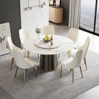 Table de salle à manger Marbella en pierre frittée | Ronde 59" blanche brillante avec plateau tournant Lazy Susan