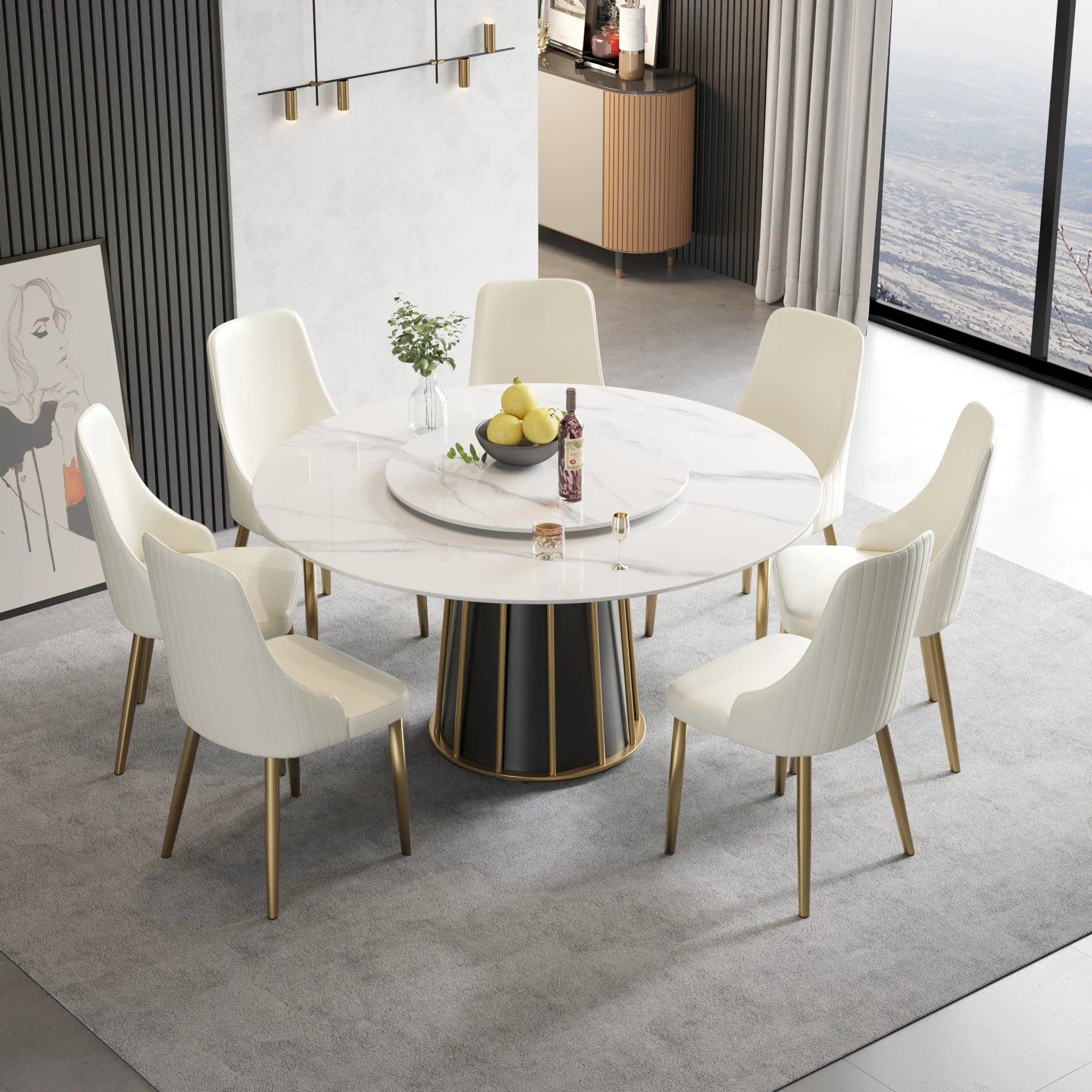 Table de salle à manger Marbella en pierre frittée | Ronde 59" blanche brillante avec plateau tournant Lazy Susan