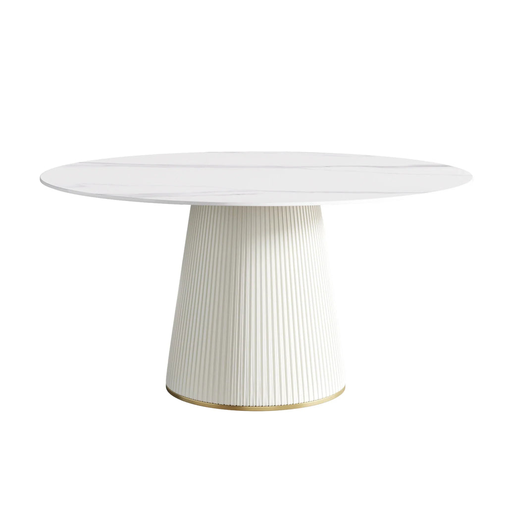 Table de salle à manger Marbella en pierre frittée | Ronde, 59 cm, blanc brillant, avec piètement recouvert de cuir