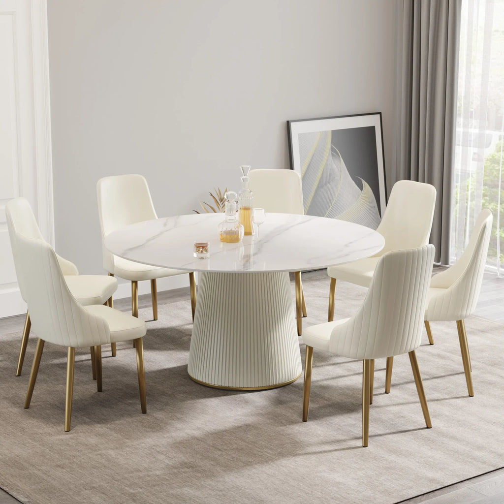Table de salle à manger Marbella en pierre frittée | Ronde, 59 cm, blanc brillant, avec piètement recouvert de cuir