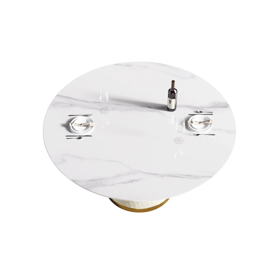 Table de salle à manger Marbella en pierre frittée | Ronde, 59 cm, blanc brillant, avec piètement recouvert de cuir